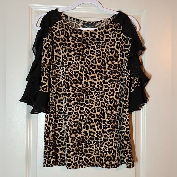 BOLD Elements | Leopard Print Blouse with Cold Shoulder Ruffled Sleeves Medium - Picture 2 of 8